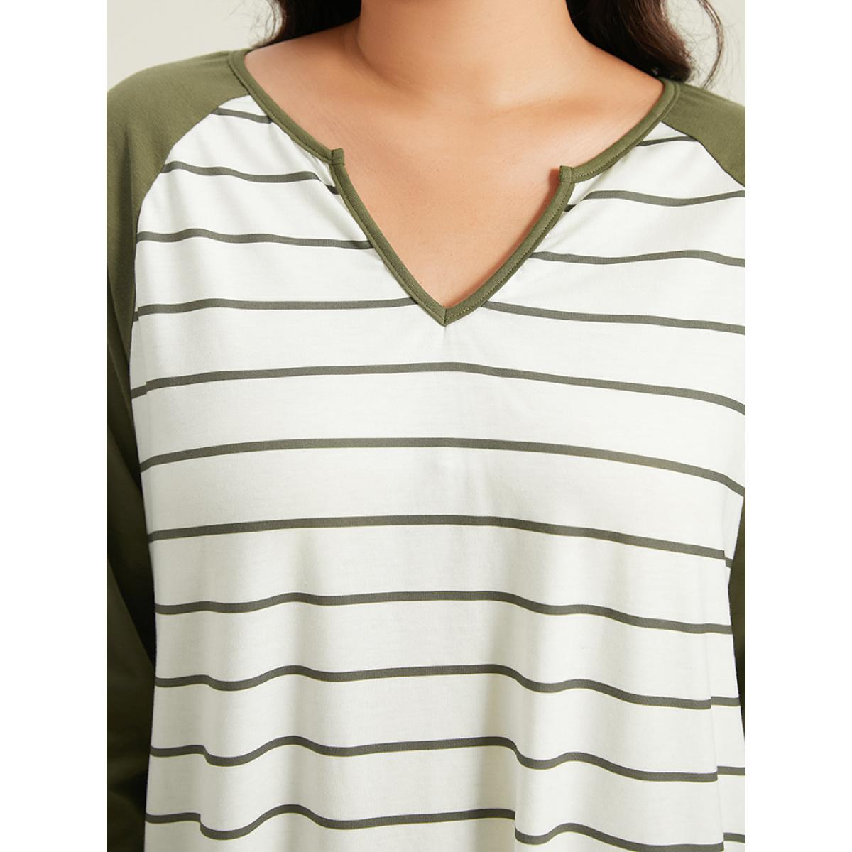 Plus Size Striped Notched Contrast Patchwork T-shirt ArmyGreen Women Casual Contrast Striped Notched collar Dailywear T-shirts BloomChic 12/L Product Image