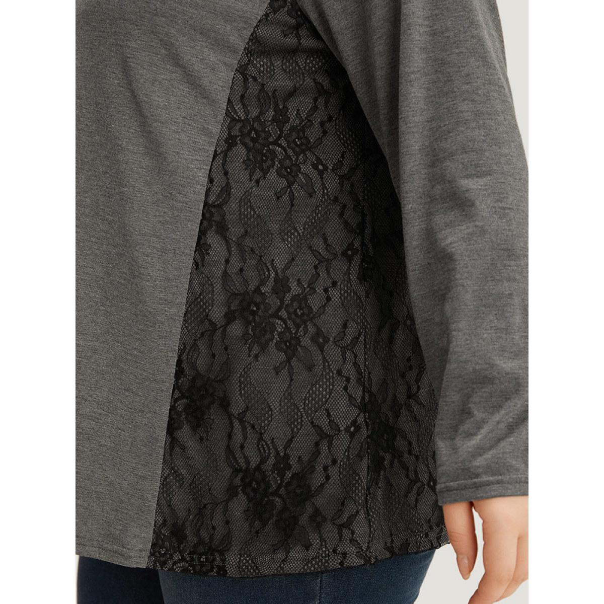 Plus Size Crochet Lace Crew Neck Patchwork T-shirt Gray Women Elegant Contrast Plain Round Neck Everyday T-shirts BloomChic 10/M Product Image