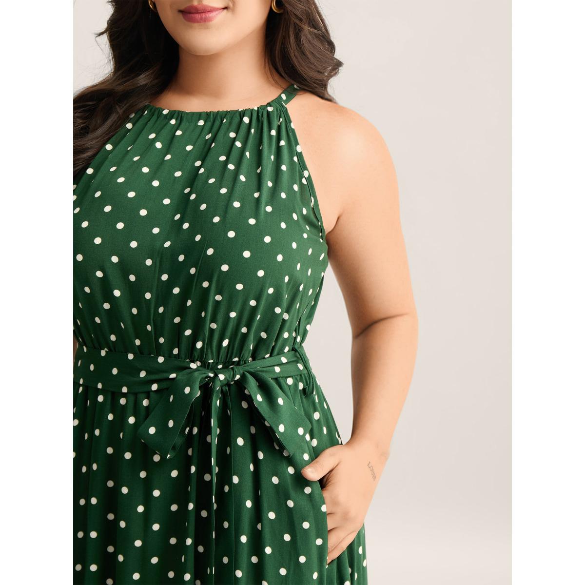 Plus Size Polka Dots Halter Neck Belted Midi Dress Truegreen Women Romantic Halter neck Sleeveless Curvy BloomChic 28/5X Product Image