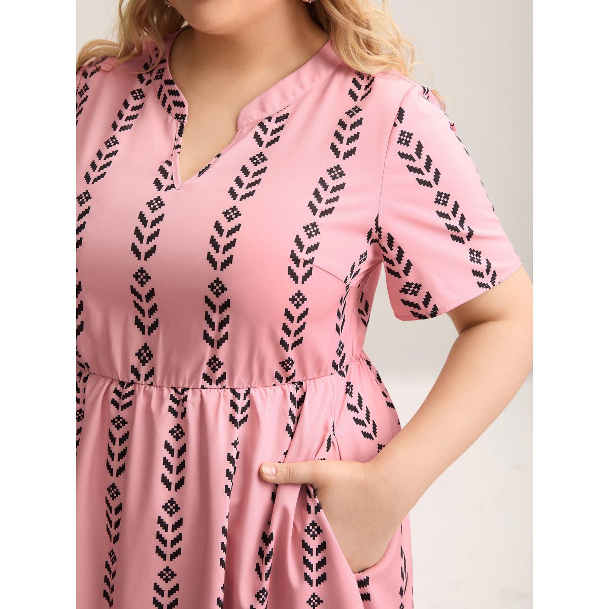 Plus Size Boho Striped Split Neck Midi Dress Blush Women Resort Non Flat collar with V-notch Short sleeve Curvy BloomChic 30/6X Product Image