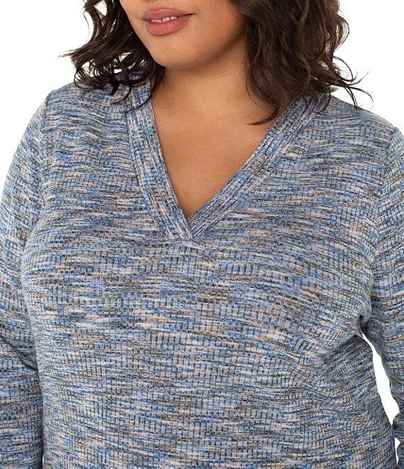 Liverpool Los Angeles Plus Size Rib Knit Space Dye Print V-Neck 3/4 Sleeve Top Product Image