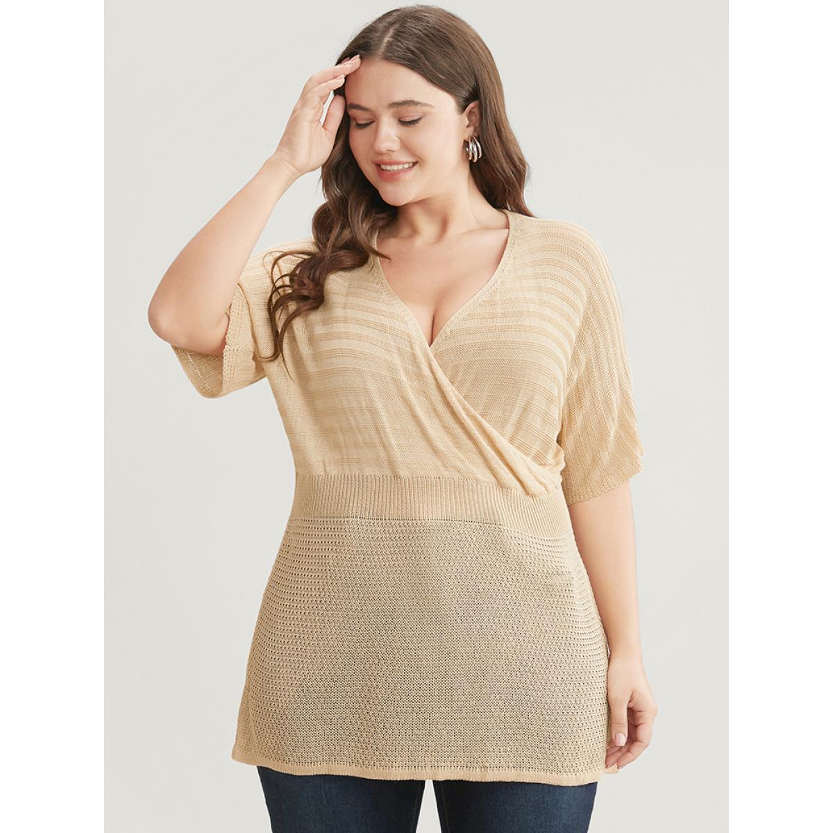 Plus Size Plain Dolman Sleeve Wrap Knit Top Champagne Women Casual Short sleeve V-neck Dailywear Pullovers BloomChic 14-16/1X Product Image