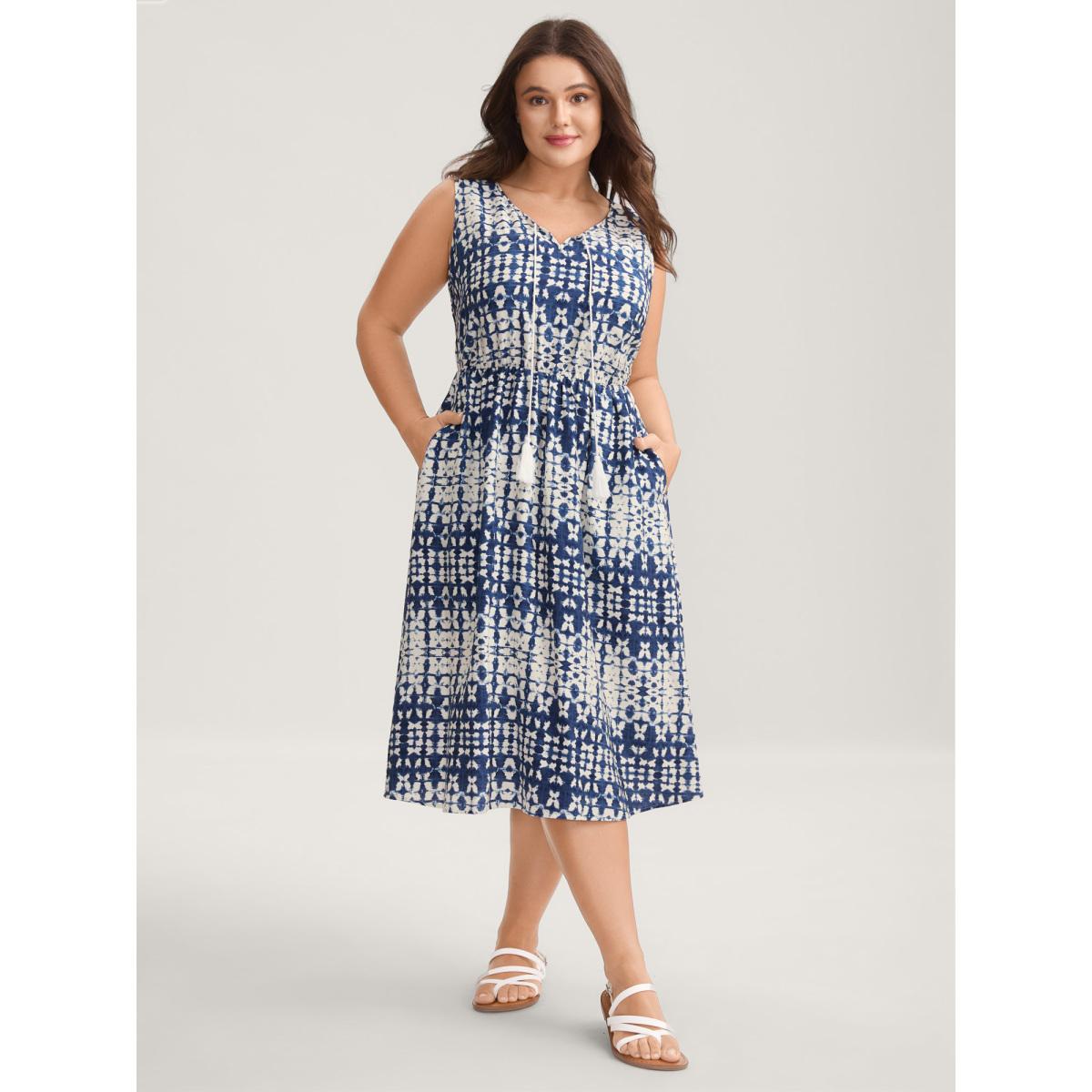 Plus Size Tie-Dye Print Neck Tie Midi Dress DarkBlue Women Round Neck Sleeveless Curvy BloomChic 30/6X Product Image
