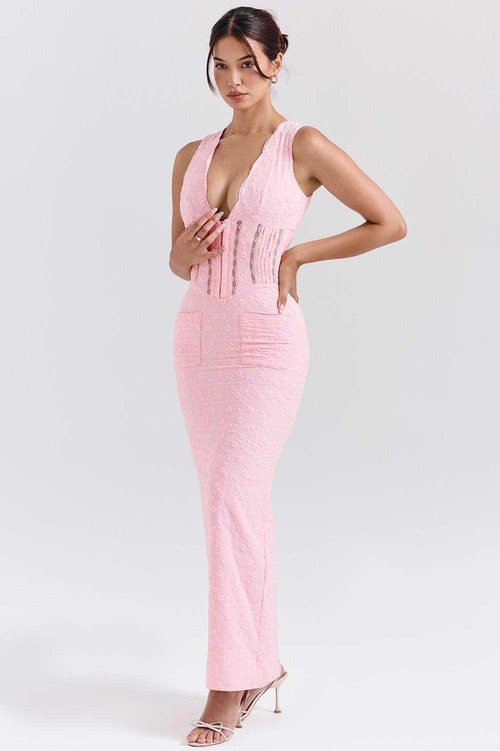 Sophina  perfectly pink broderie anglais plunge maxi dress Product Image