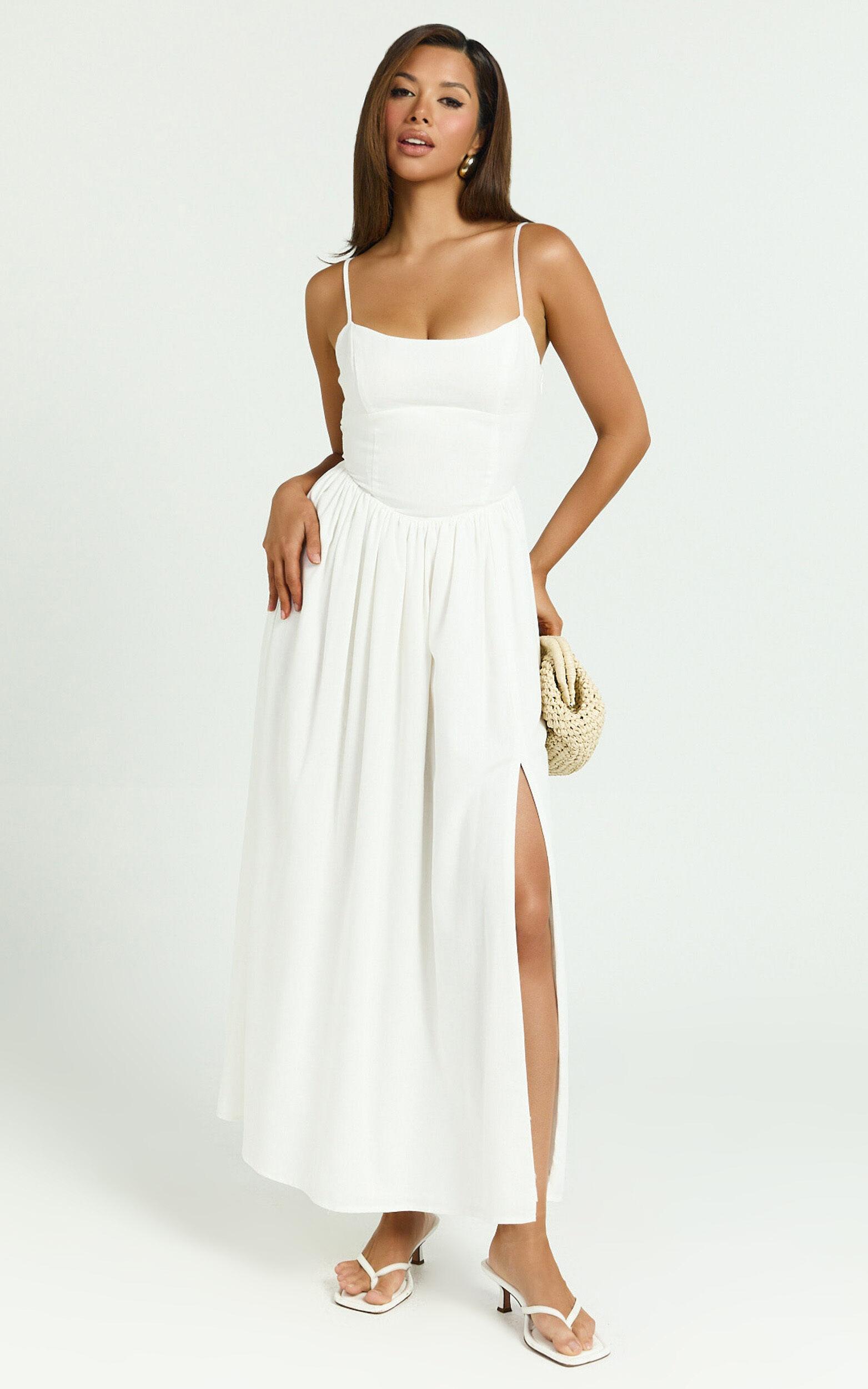 Morris Midi Dress - Linen Scoop Neck Gathered Dress in Off White Product Image