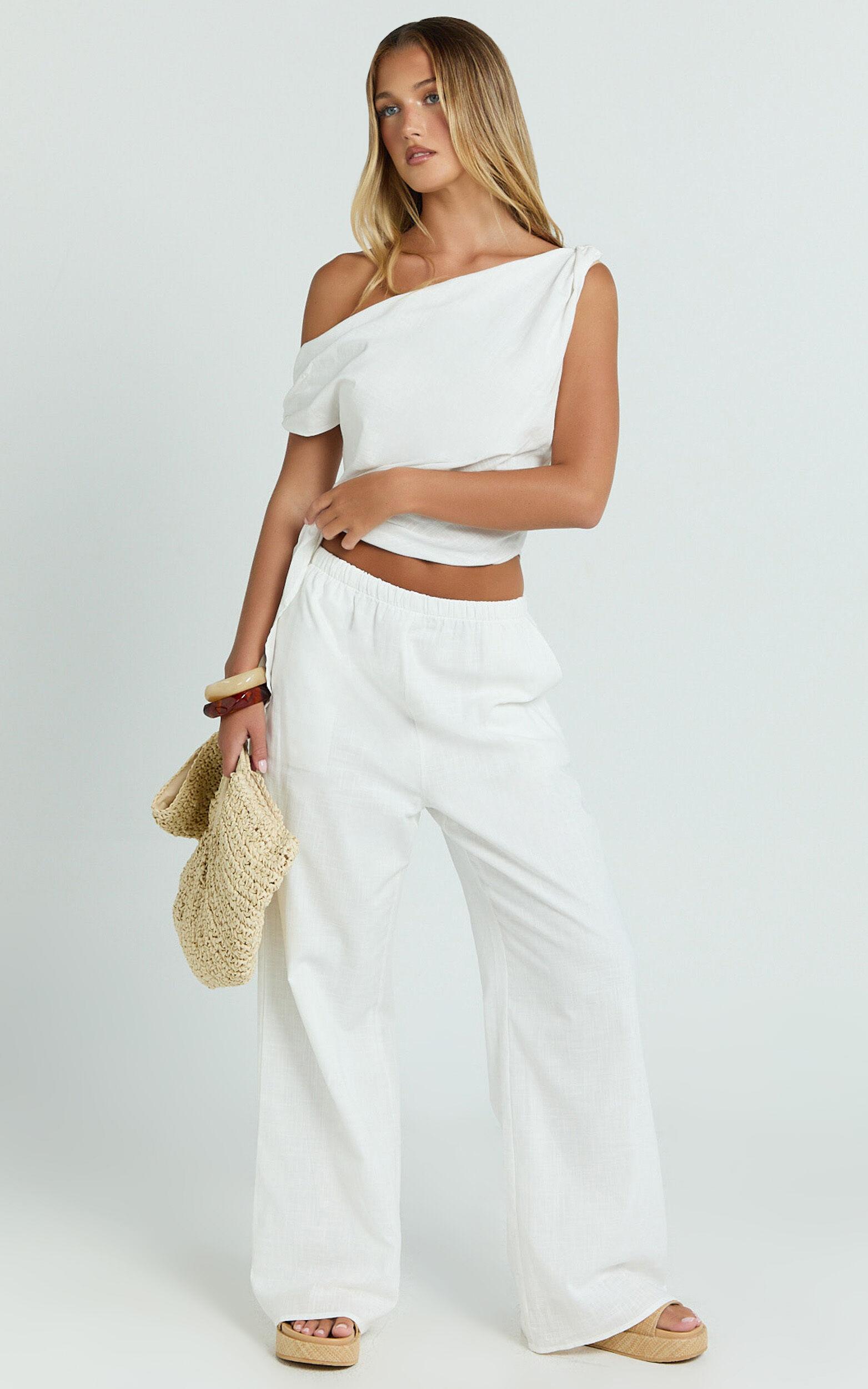 Annalie Two Piece Top and Pants Set - Off Shoulder Linen Set in White Product Image