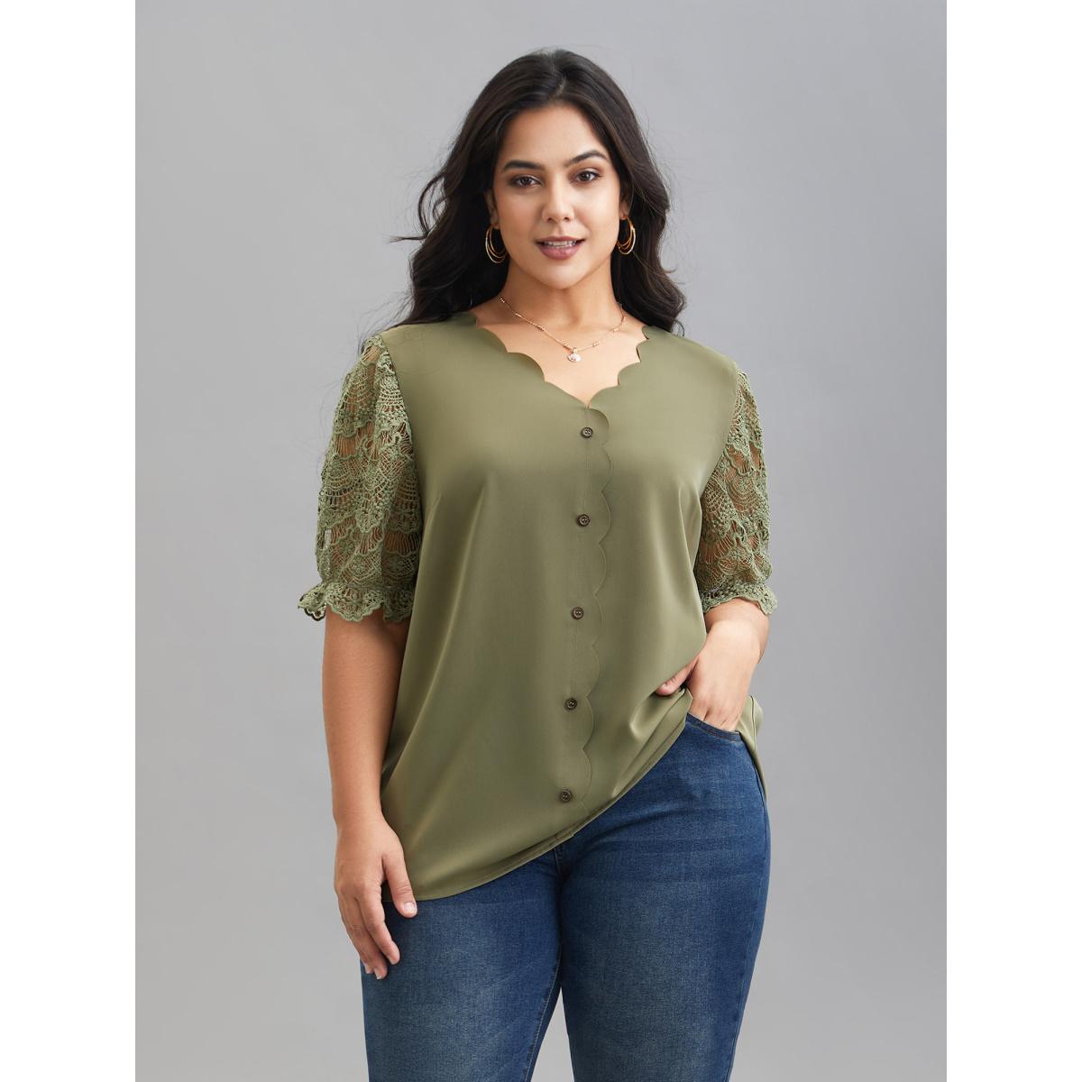 Plus Size Sage Lace Patchwork Scalloped Neck Front-Placket Blouse Women Elegant Half Sleeve V-neck Everyday Blouses BloomChic 12/L Product Image