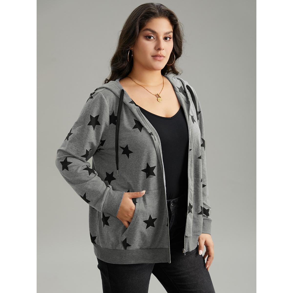 Plus Size Star Print Hooded Ties Pocket Sweatshirt Women Gray Casual Printed Hooded Dailywear Sweatshirts BloomChic 18-20/2X Product Image