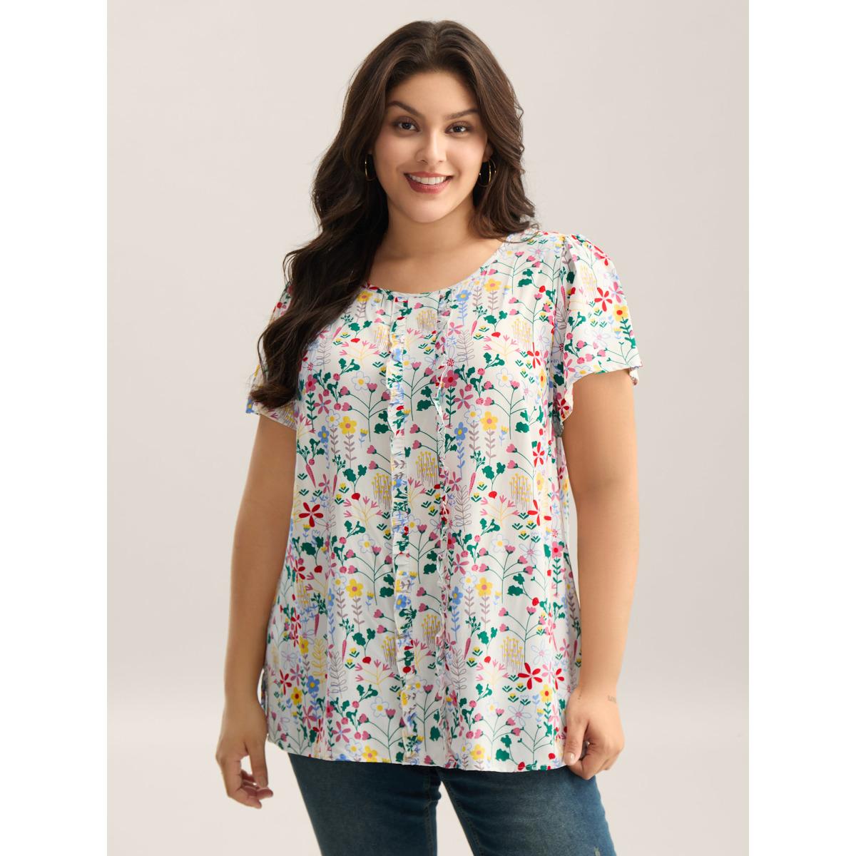 Plus Size Originalwhite Sweet Floral Print Print Pleated Front Blouse Women Short sleeve Round Neck Everyday-Elegant Blouses BloomChic 26/4X Product Image