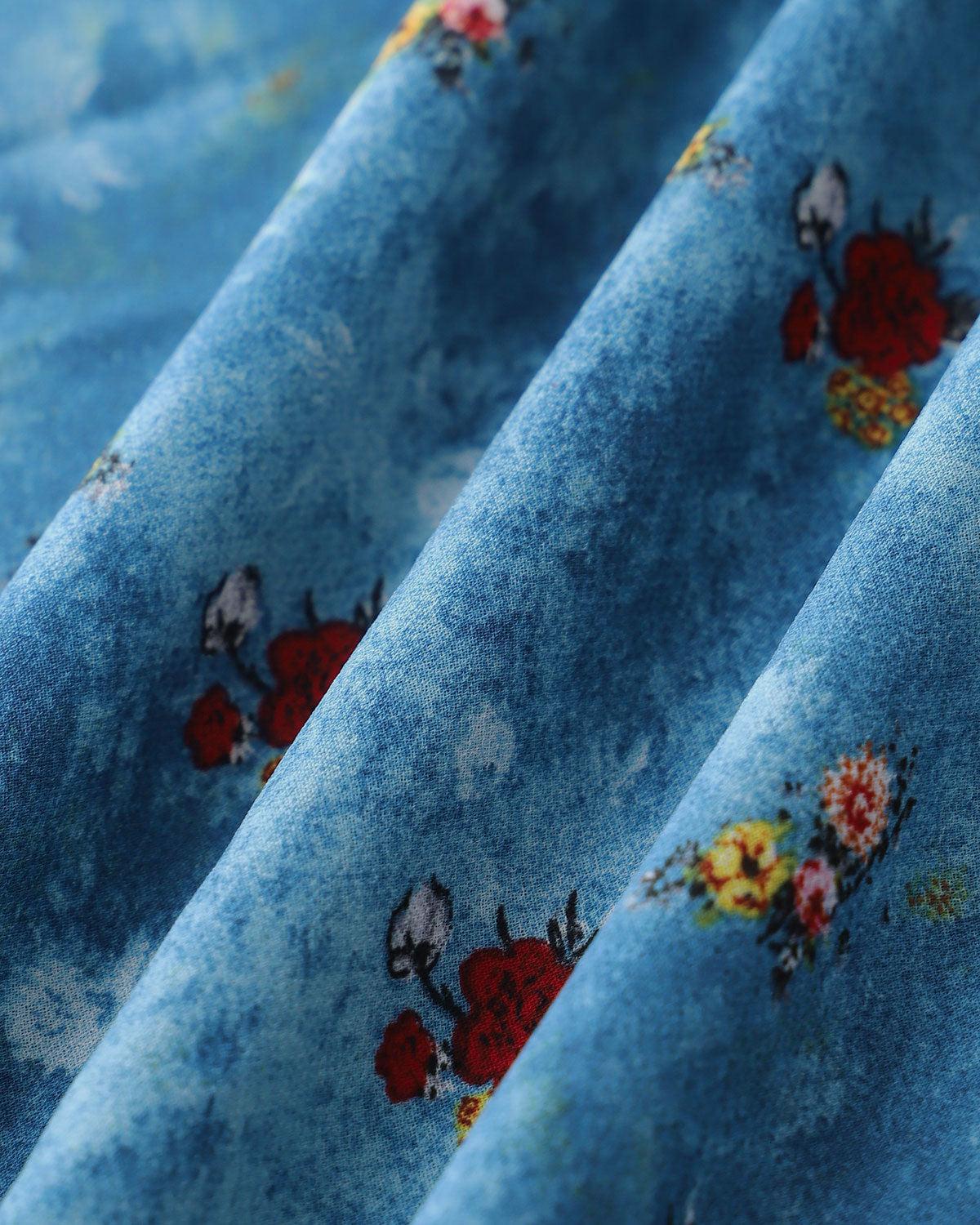 Blue Floral V Neck A-Line Sleeveless Midi Dress Product Image