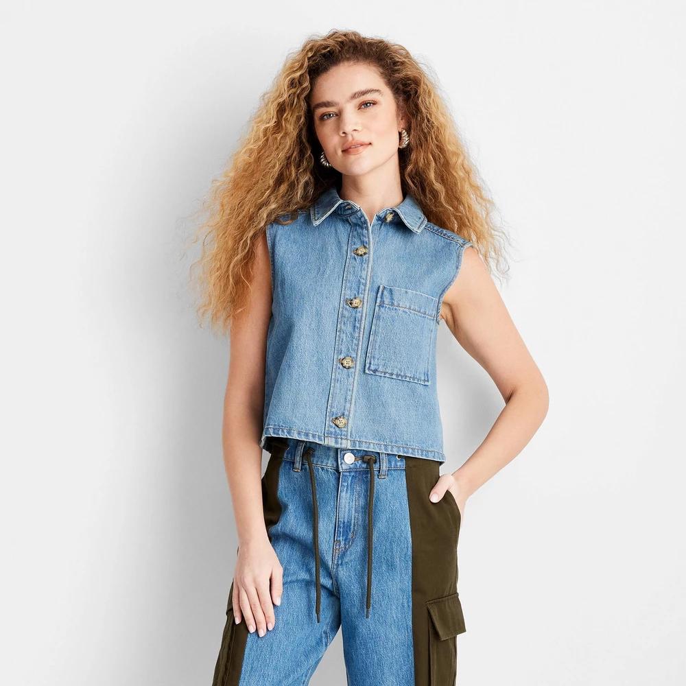 Women's Collared Button-Down Shirt - Future Collective Blue Denim 2X: Midweight Sleeveless Product Image