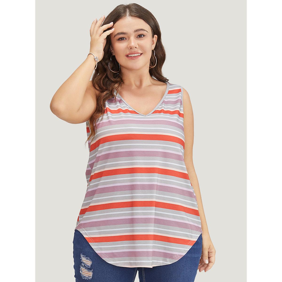 Plus Size Striped Contrast V Neck Arc Hem Tank Top Women Multicolor Casual Contrast V-neck Dailywear Tank Tops Camis BloomChic 28/5X Product Image
