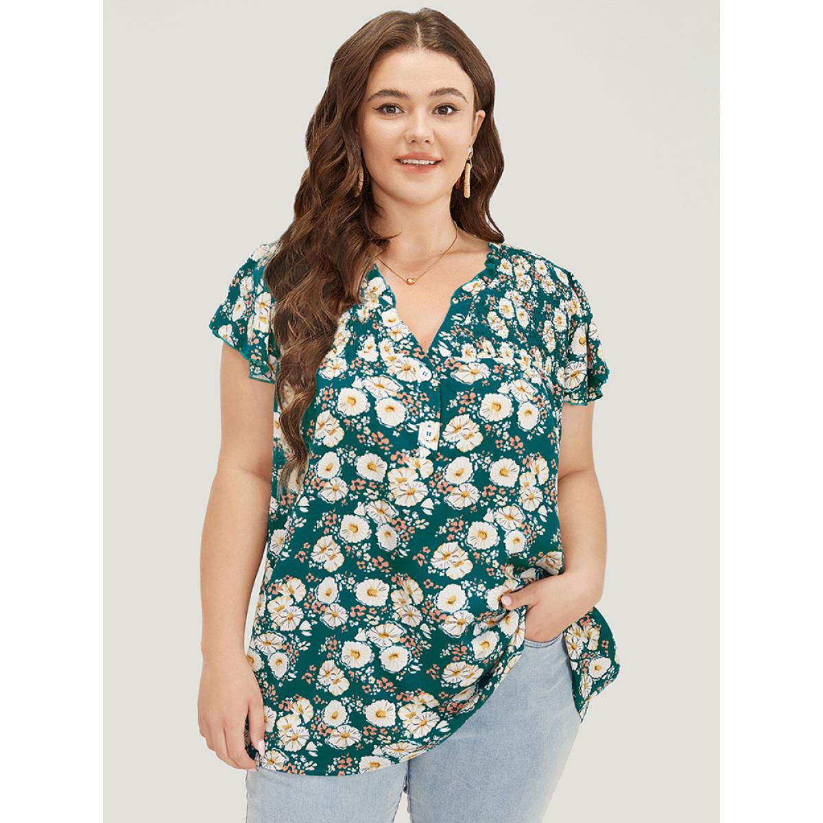Plus Size Cerulean Floral Ruffle Sleeve Shirred Button Up Frill Trim Blouse Women Elegant Short sleeve V-neck Dailywear Blouses BloomChic 12/L Product Image
