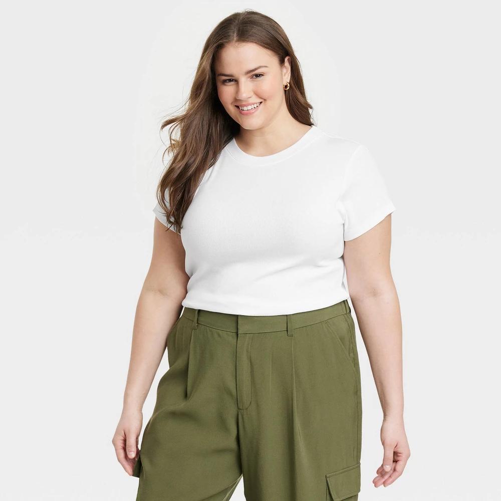 Women's Slim Fit Short Sleeve Ribbed T-Shirt - A New Day™ White 4X: Cotton Modal Blend, Crew Neck Pullover Product Image