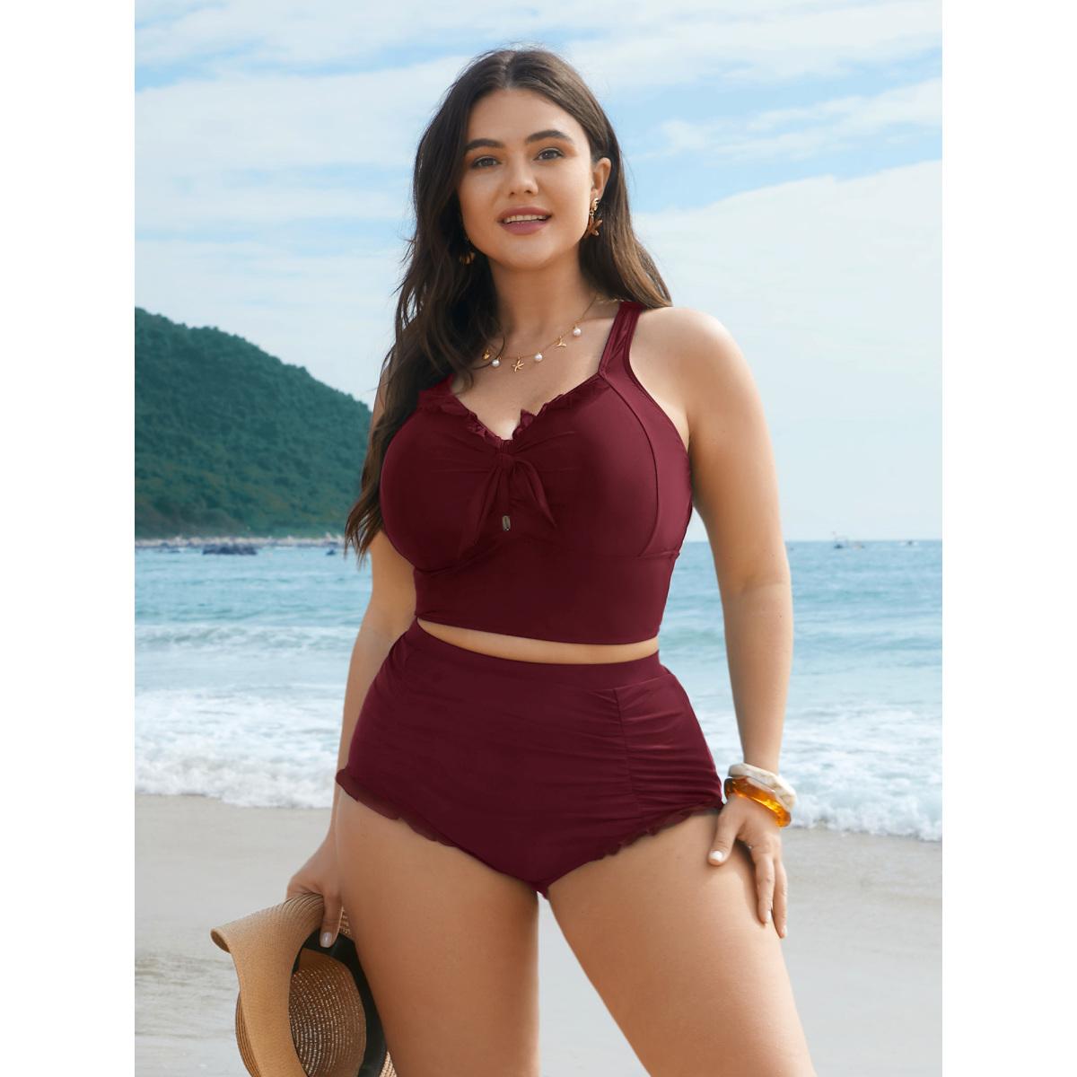 Plus Size Ruched Mesh Seamed Ruffle Trim Swim Bottoms Women's Swimwear Black Resort Gathered High stretch Skinny High Rise Curve Swim Bottoms BloomChic 26/4X Product Image