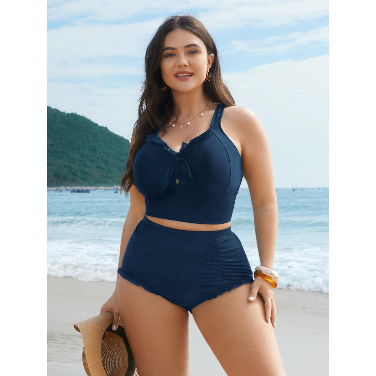 Plus Size Ruched Mesh Seamed Ruffle Trim Swim Bottoms Women's Swimwear Black Resort Gathered High stretch Skinny High Rise Curve Swim Bottoms BloomChic 26/4X Product Image