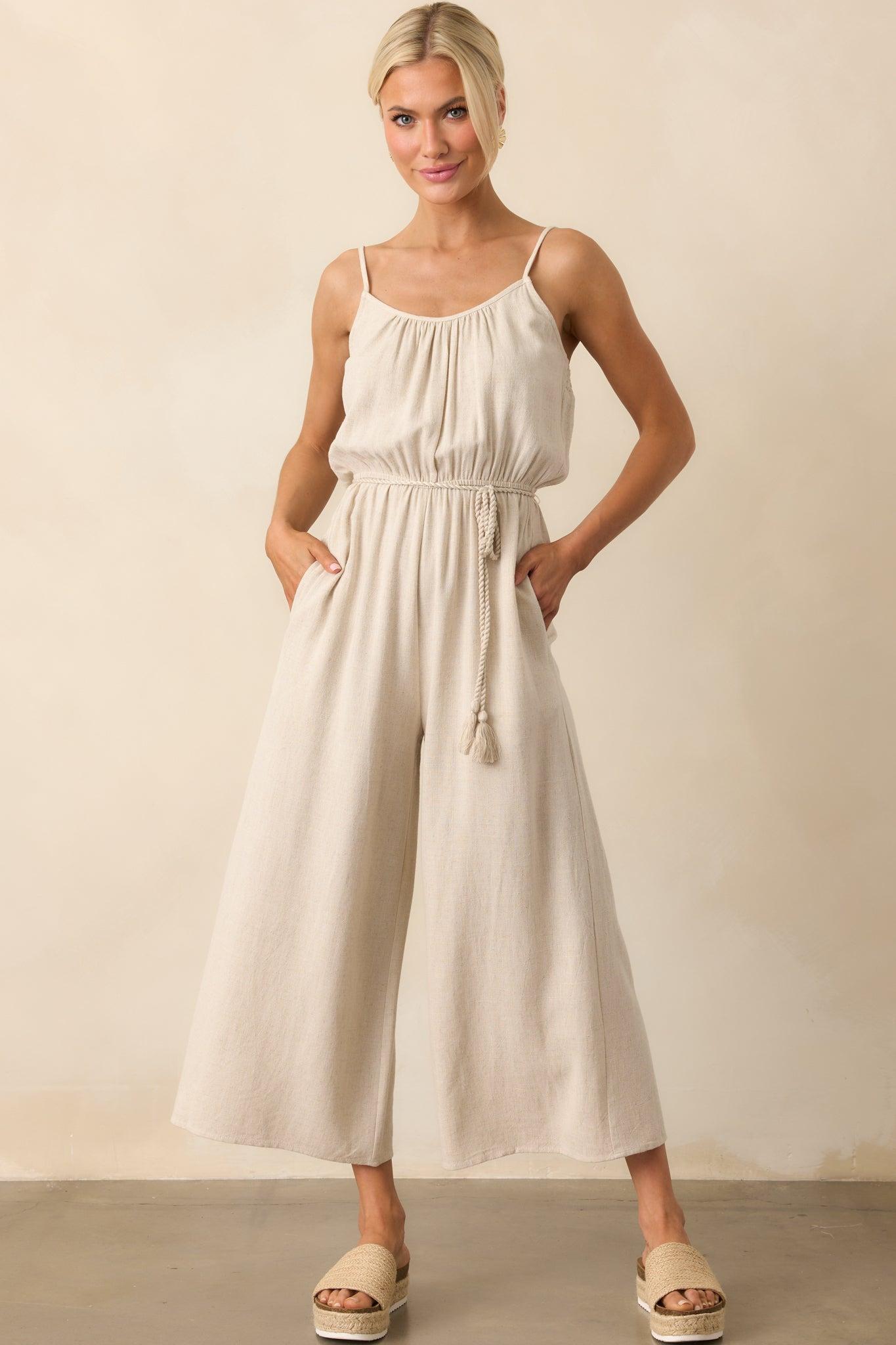As Simple As That Natural Linen Blend Sleeveless Jumpsuit Product Image
