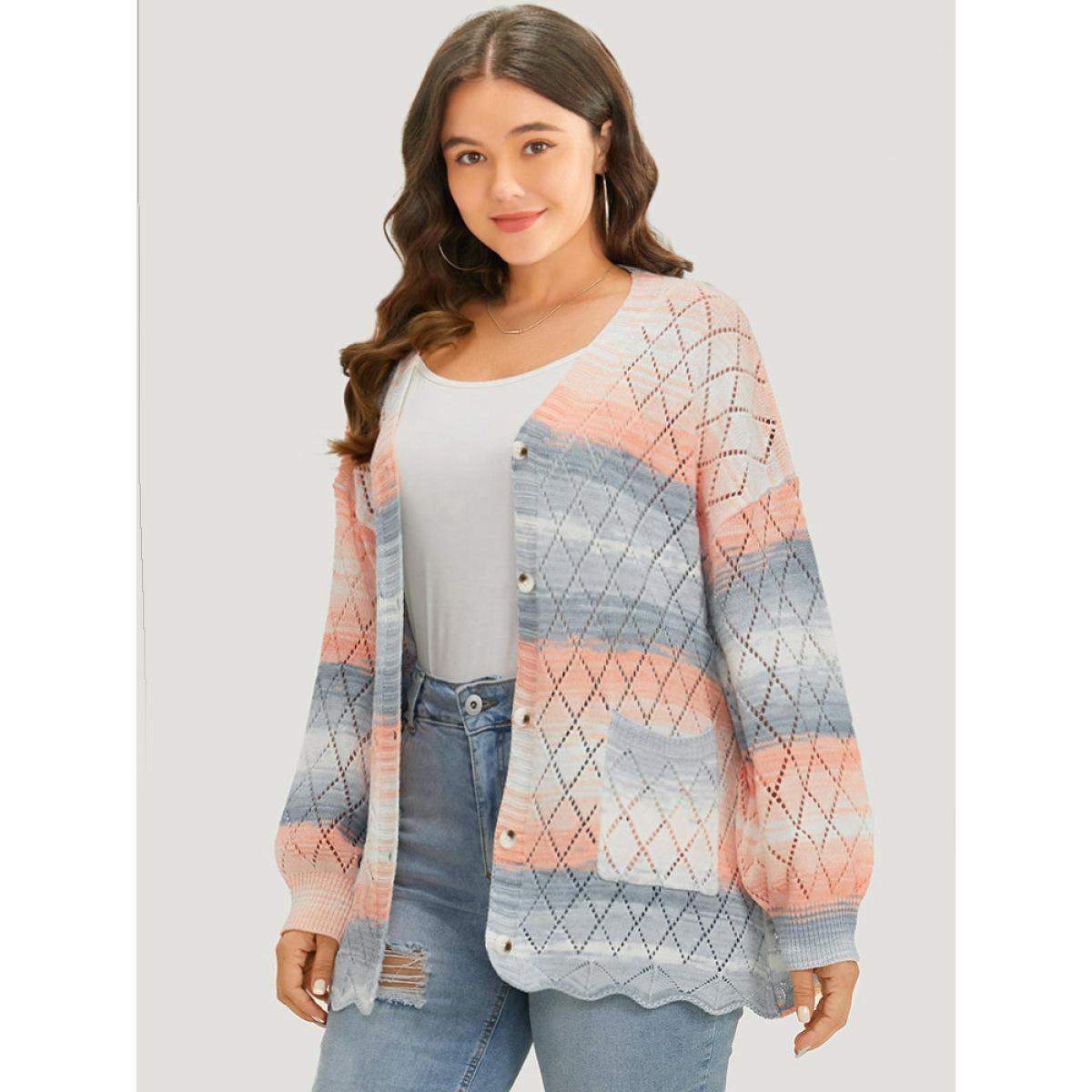 Plus Size Ombre Pocket Scalloped Trim Button Down Cardigan Coral Women Casual Loose Long Sleeve Dailywear Cardigans BloomChic 12/L Product Image