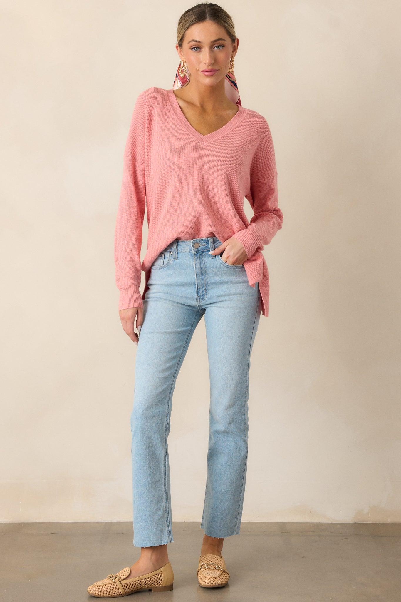 Cozy Afternoon Rose Pink V-Neck Sweater Product Image