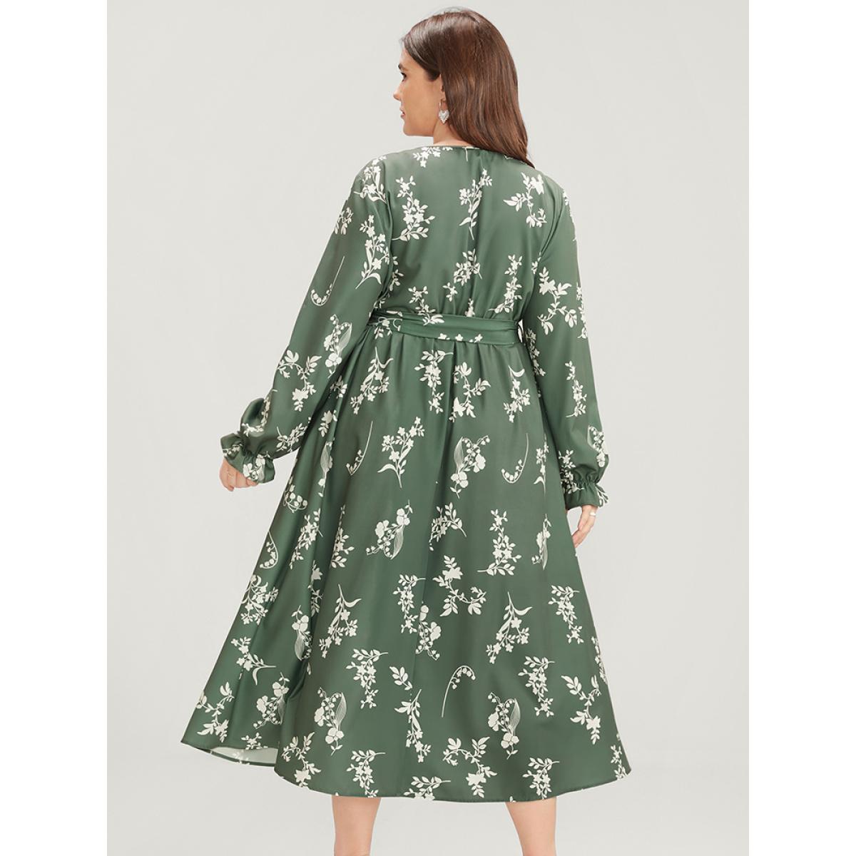 Plus Size Floral Wrap Pocket Lantern Sleeve Belted Ruffle Dress Mint Women Elegant Printed V-neck Long Sleeve Curvy Midi Dress BloomChic 10/M Product Image