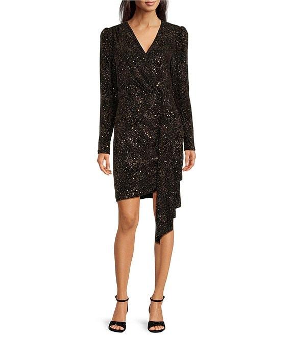 Alex Marie Milly Glitter Knit Surplice V-Neck Long Blouson Sleeve Wrap Bodycon Mini Dress Product Image