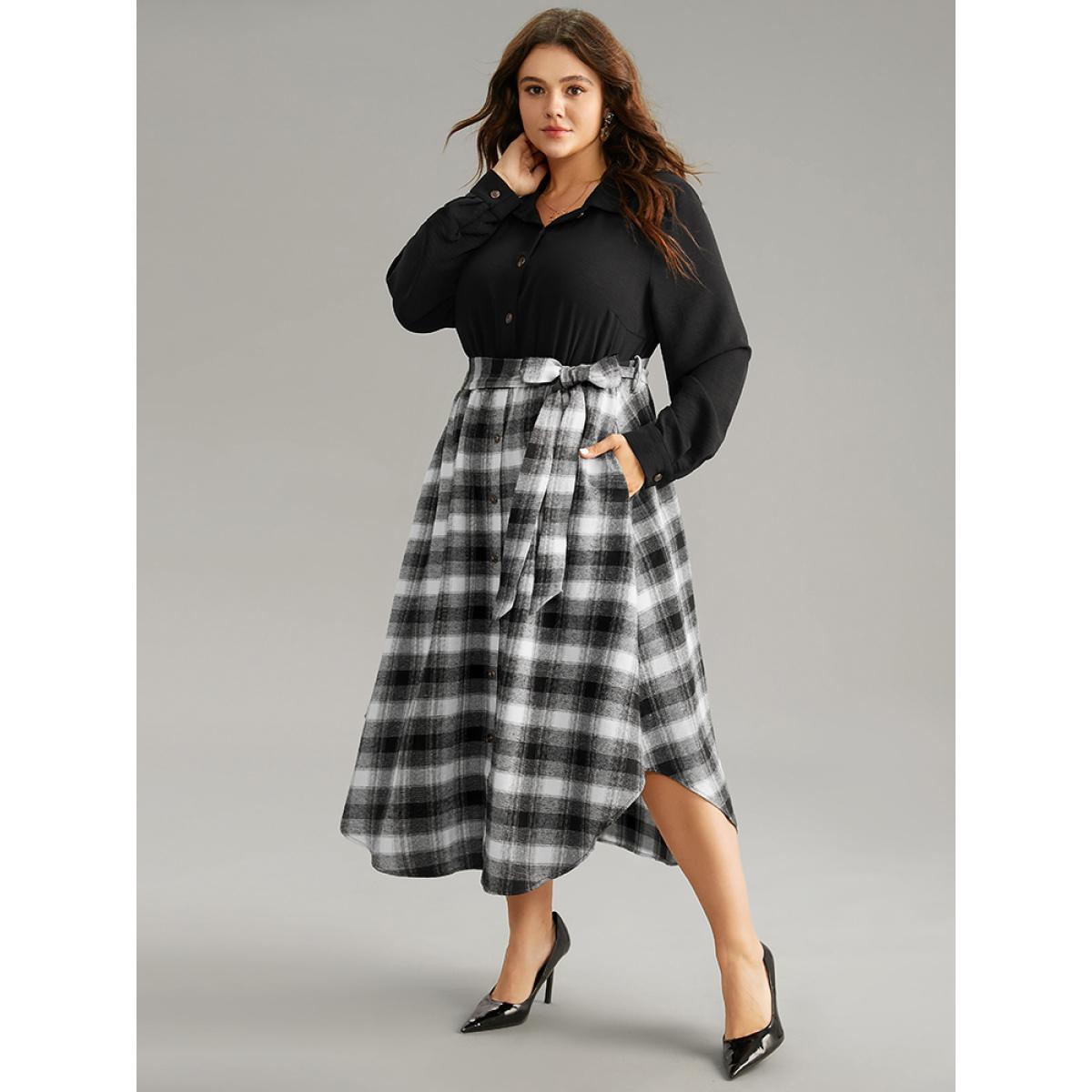 Plus Size Plaid Patchwork Button Through Belted Dress Black Women Office Belted Shirt collar Long Sleeve Curvy Midi Dress BloomChic 30/6X Product Image