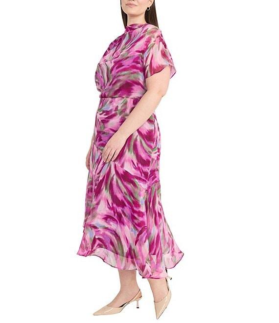 Maggy London Plus Size Crew Neck Short Sleeve Asymmetric Midi Dress Product Image