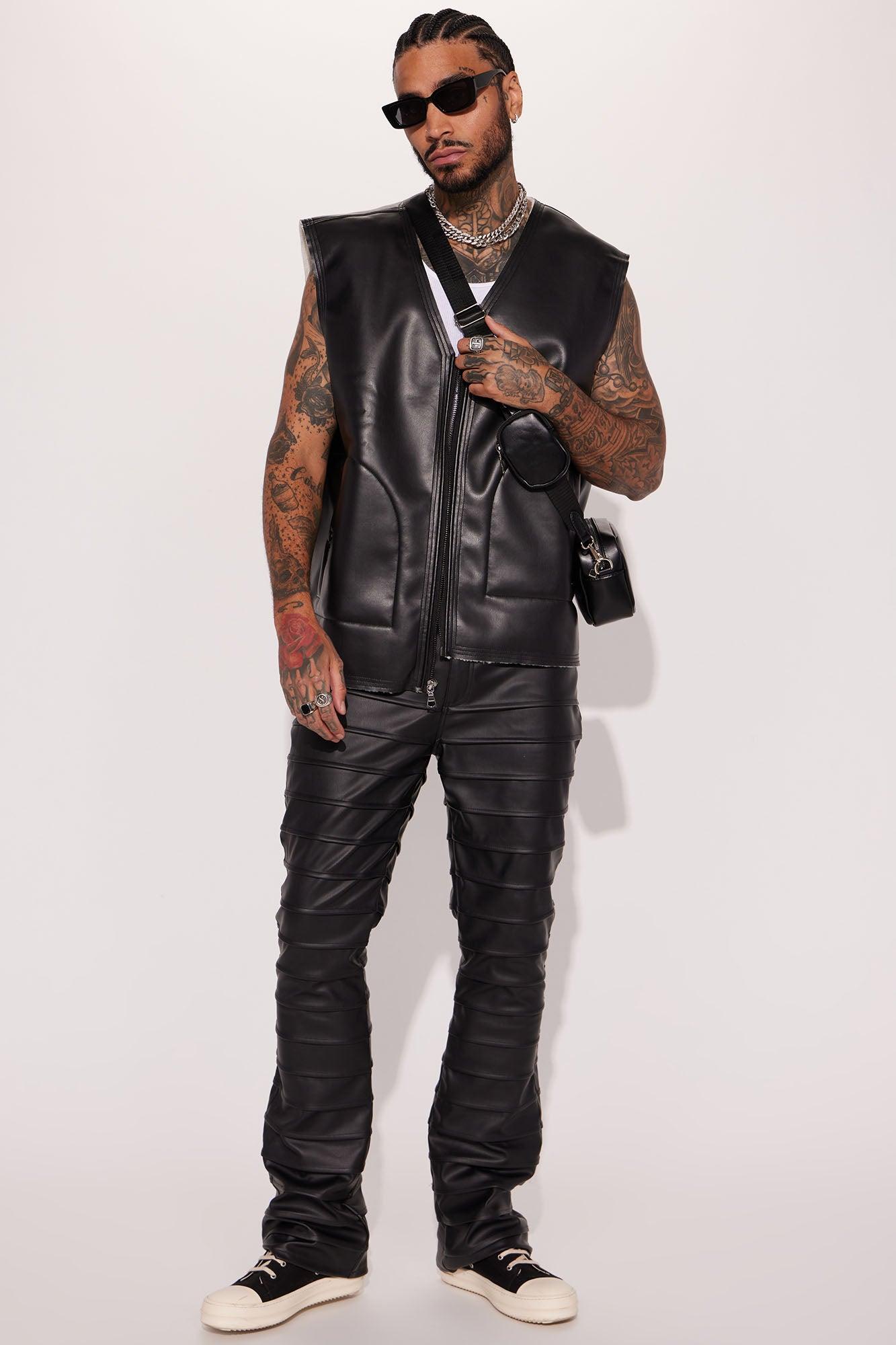 Extra Levels Faux Leather Slim Stacked Flared Pants - Black Product Image