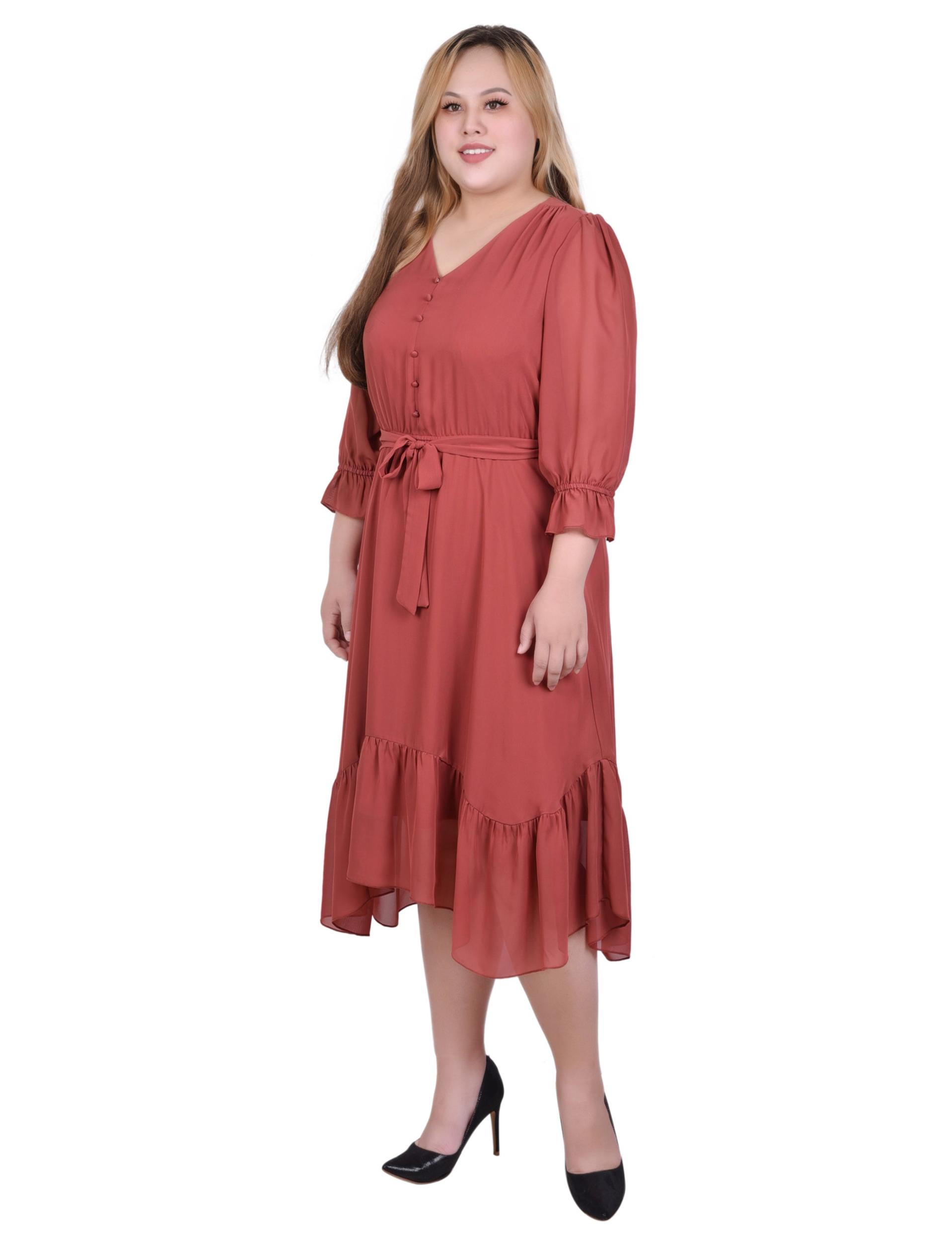 Marsala 3/4 Sleeve V-Neck Flounced Dress - Plus Product Image