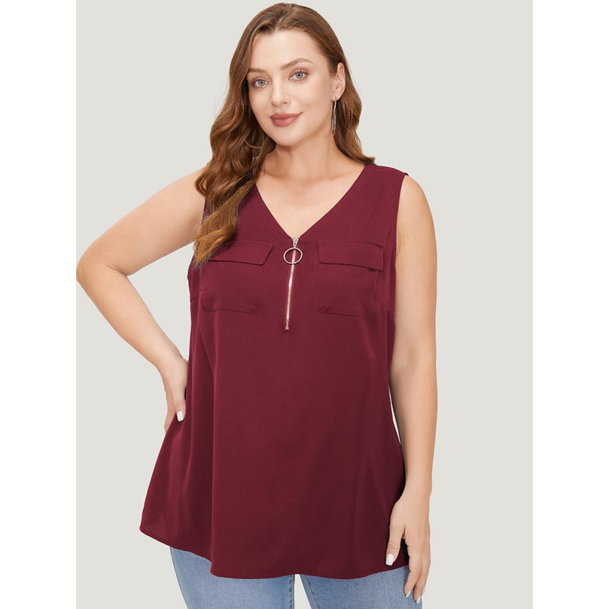 Plus Size Solid Half Zipper Flap Detail Tank Top Women Burgundy Casual Zipper V-neck Dailywear Tank Tops Camis BloomChic 22-24/3X Product Image