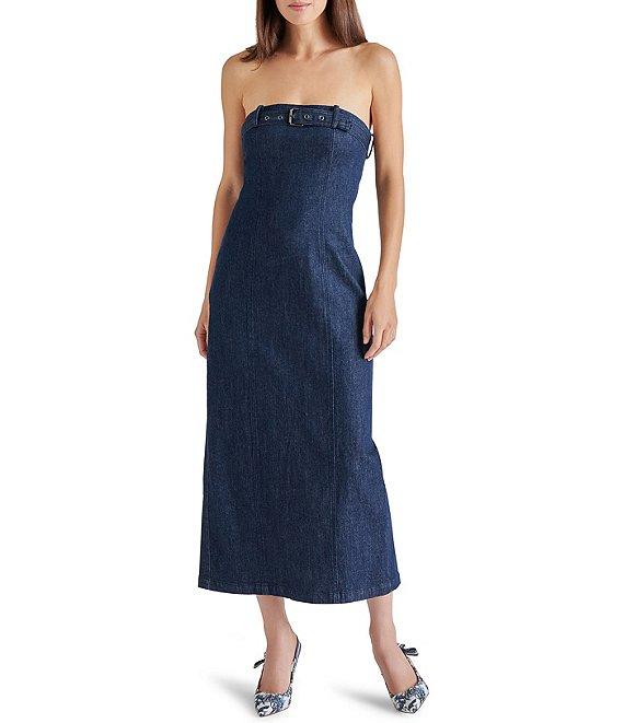 Steve Madden Prato Denim Strapless Belted Neck Sleeveless Bodycon Midi Dress Product Image