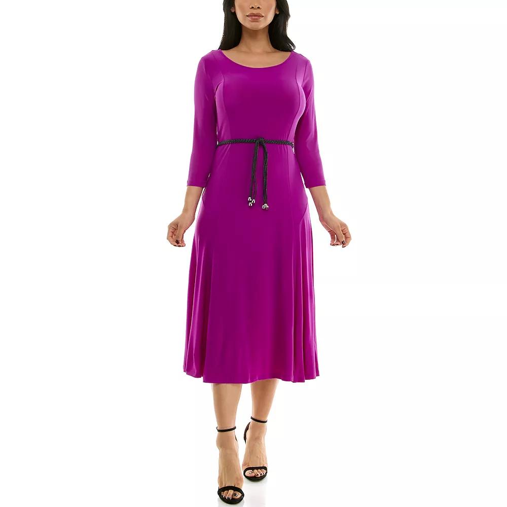 Women's Nina Leonard Sylvia Three-Quarter Sleeve Belted Midi Dress,  Product Image