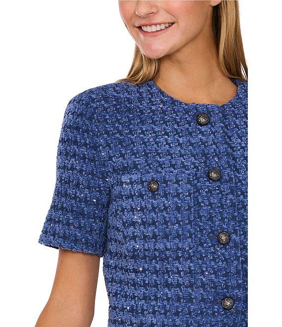 CeCe Tweed Round Neck Short Sleeve Button Front Jacket Product Image