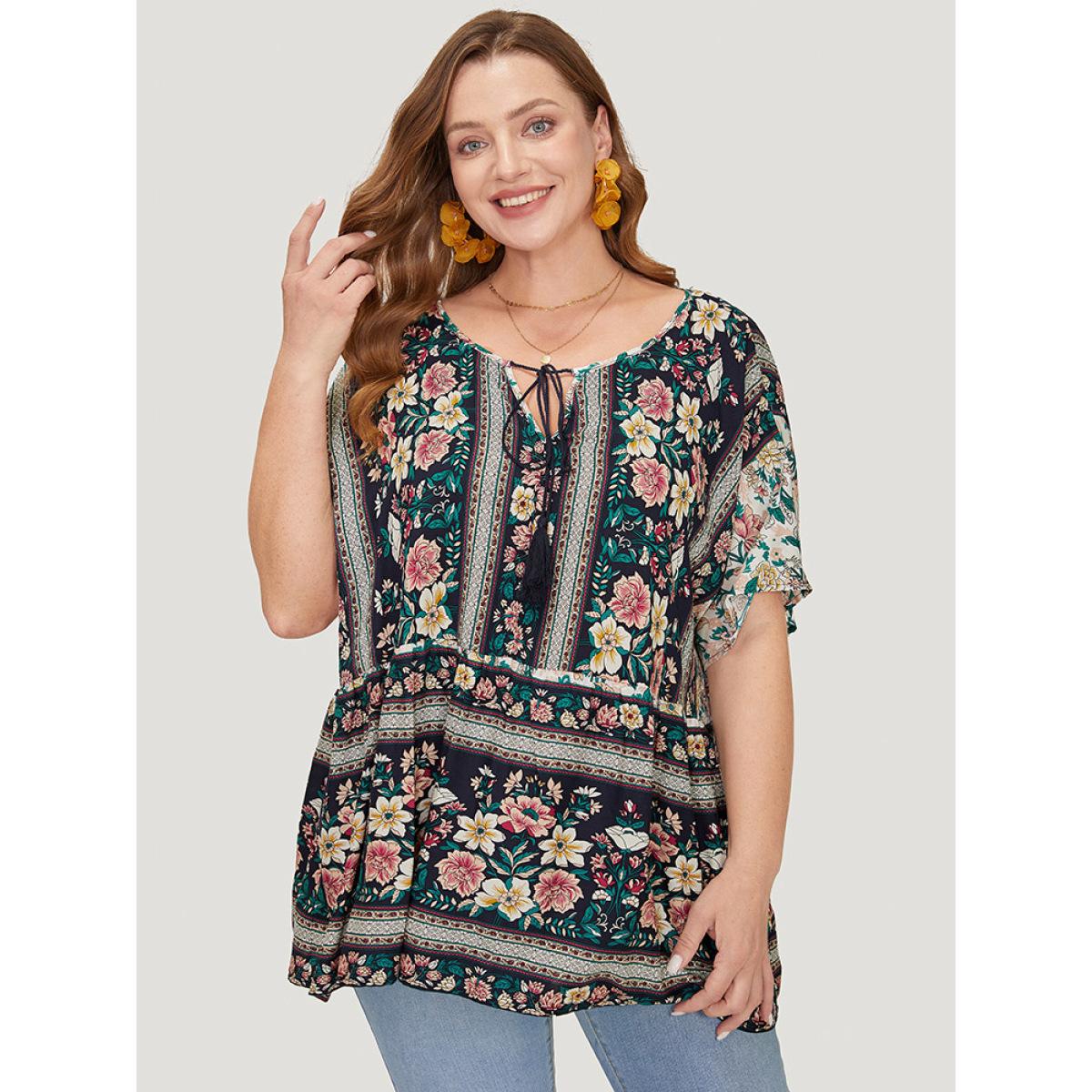 Plus Size Midnight Bandana Print Tie Neck Tassels Batwing Sleeve Blouse Women Vacation Short sleeve Tie Neck Dailywear Blouses BloomChic 10/M Product Image