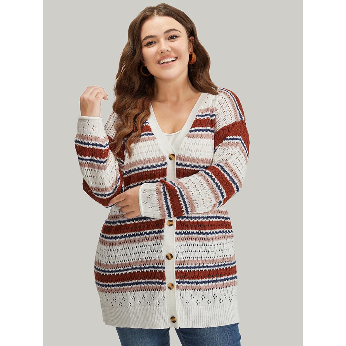 Plus Size Striped Contrast Pointelle Knit Button Through Cardigan Multicolor Women Casual Loose Long Sleeve Dailywear Cardigans BloomChic 14-16/1X Product Image