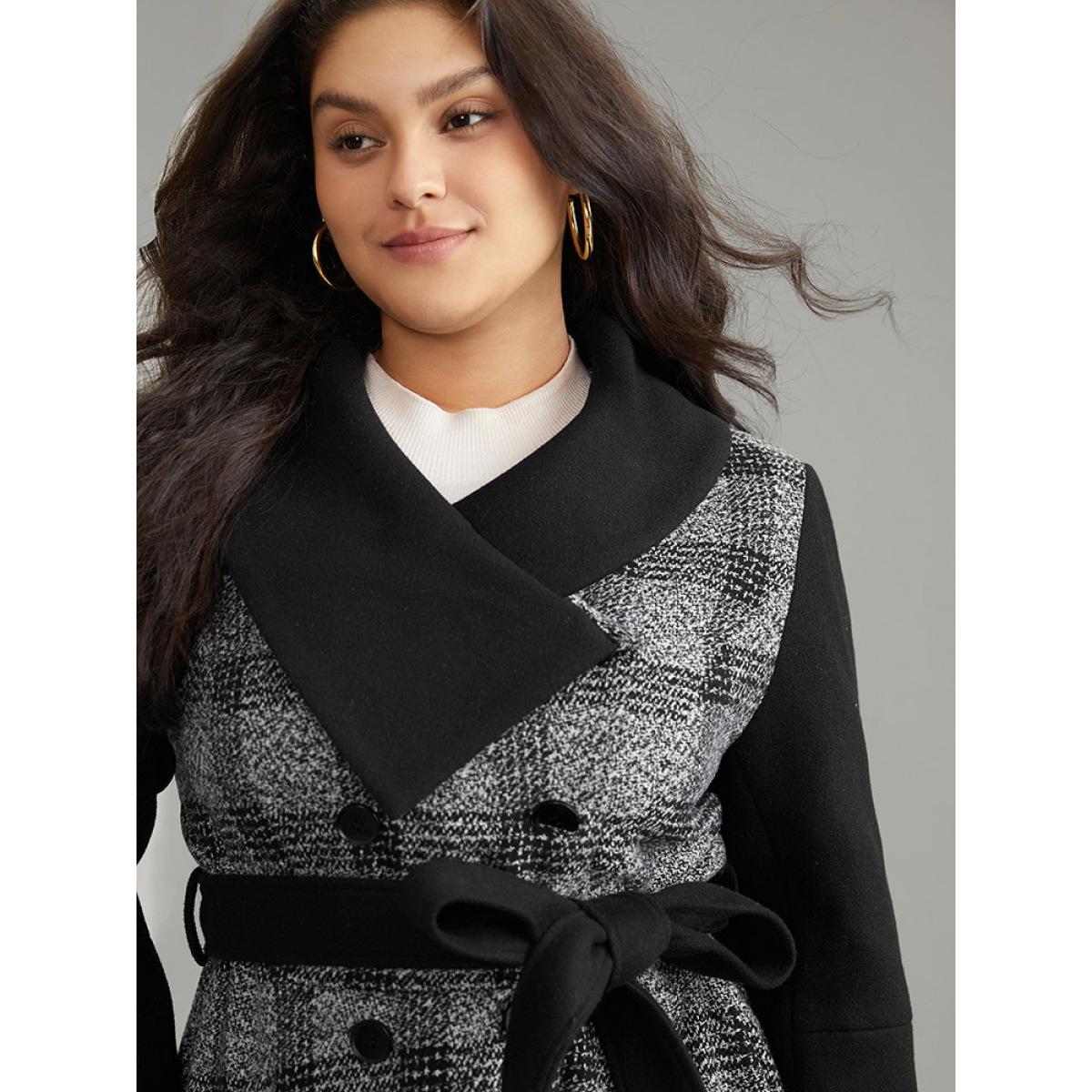 Plus Size Plaid Belted Lapel Collar Button Up Coat Women Black Casual Belted Ladies Dailywear Winter Coats BloomChic 30/6X Product Image