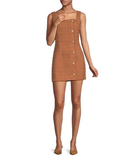 French Connection Structured Tweed Square Neck Sleeveless Button Front Mini Dress Product Image