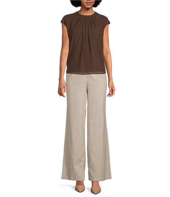 Calvin Klein Woven Pleated Crew Neck Cap Sleeve Blouse Product Image