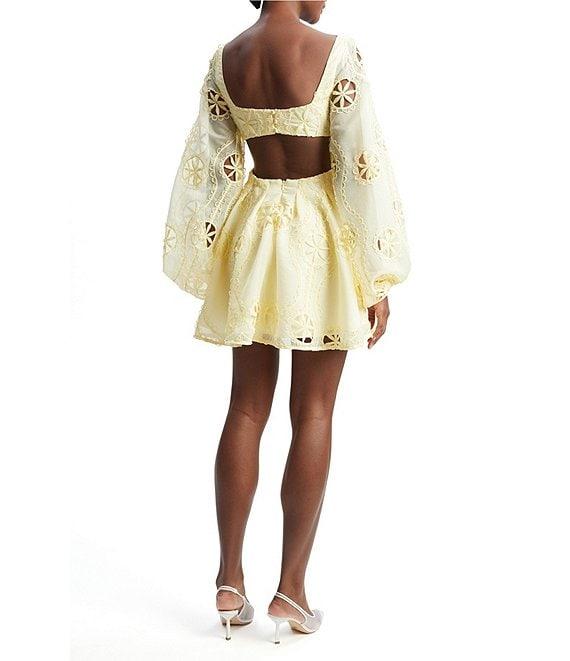 Bardot Jovie Embroidered V Neck Long Sleeve Cutout Babydoll A-Line Mini Dress Product Image