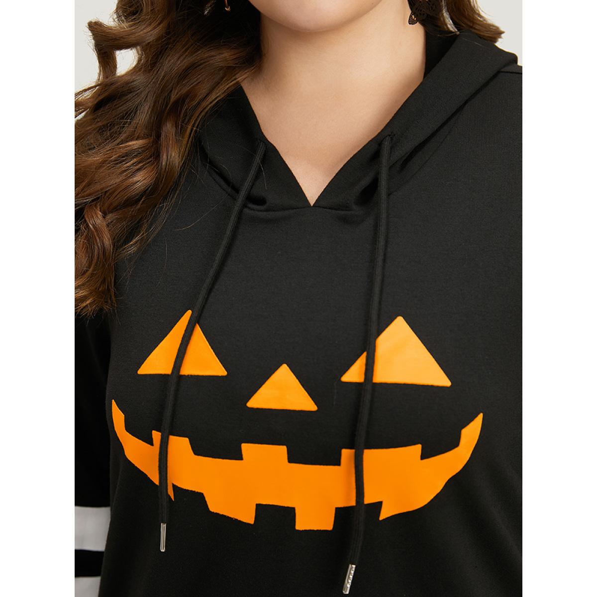 Plus Size Halloween Print Striped Patchwork Hooded Drawstring Sweatshirt Women Black Casual Elastic cuffs Festival-Halloween Sweatshirts BloomChic 10/M Product Image