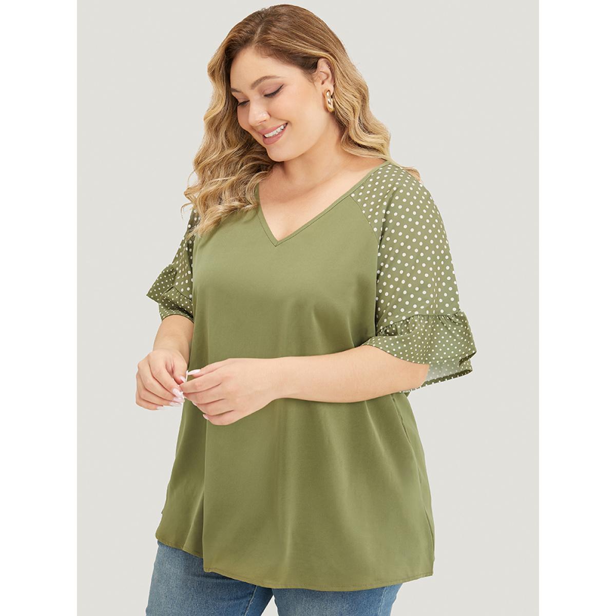 Plus Size Moss Polka Dot Raglan Sleeve Ruffle Trim Blouse Women Office Elbow-length sleeve V-neck Dailywear Blouses BloomChic 10/M Product Image