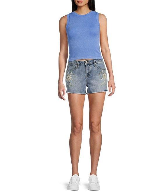 Prosperity Denim Mid Rise Flower Embroidered Frayed Hem Denim Shorts Product Image