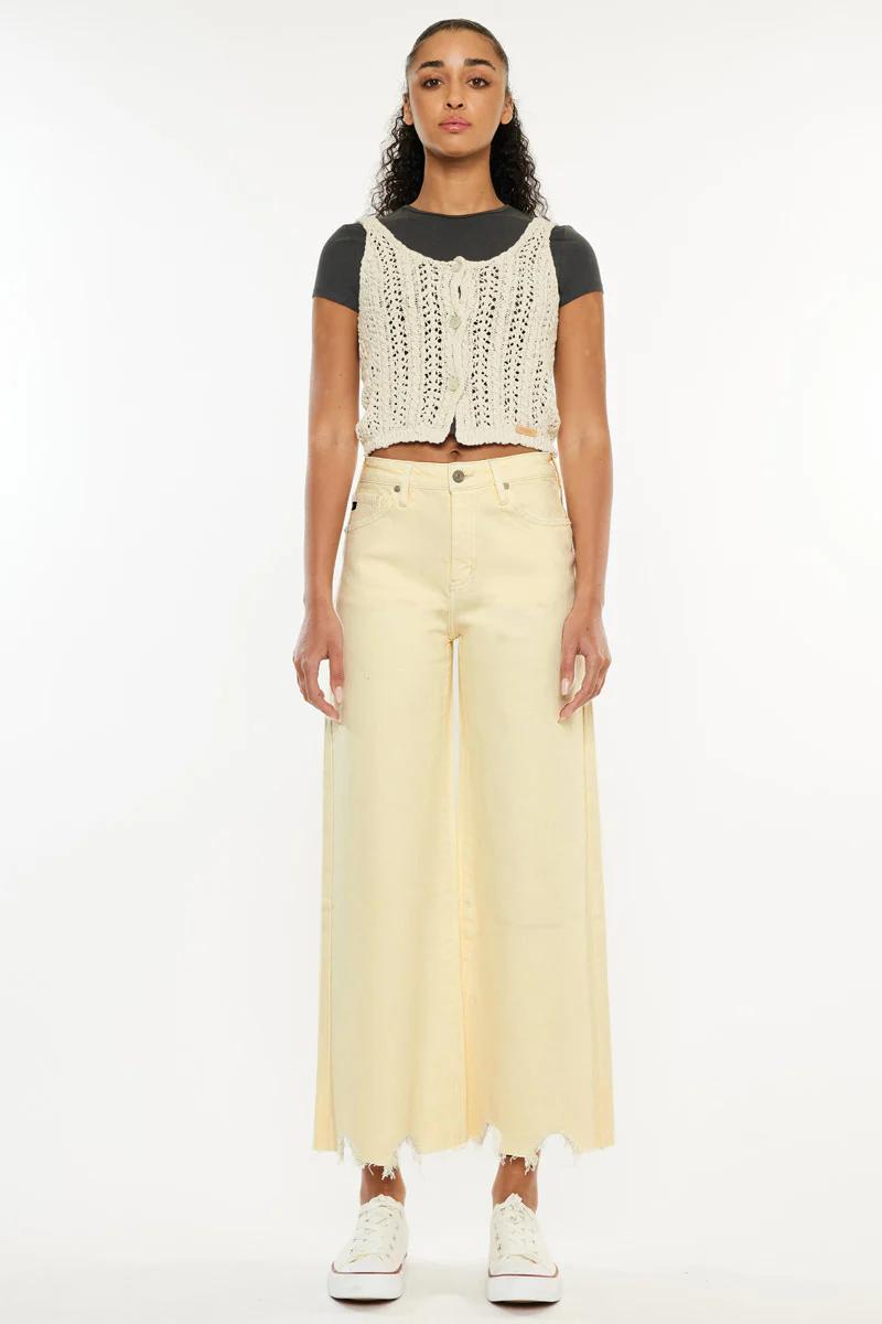 Cropped Wide Leg Jeans - olive and ecru Product Image