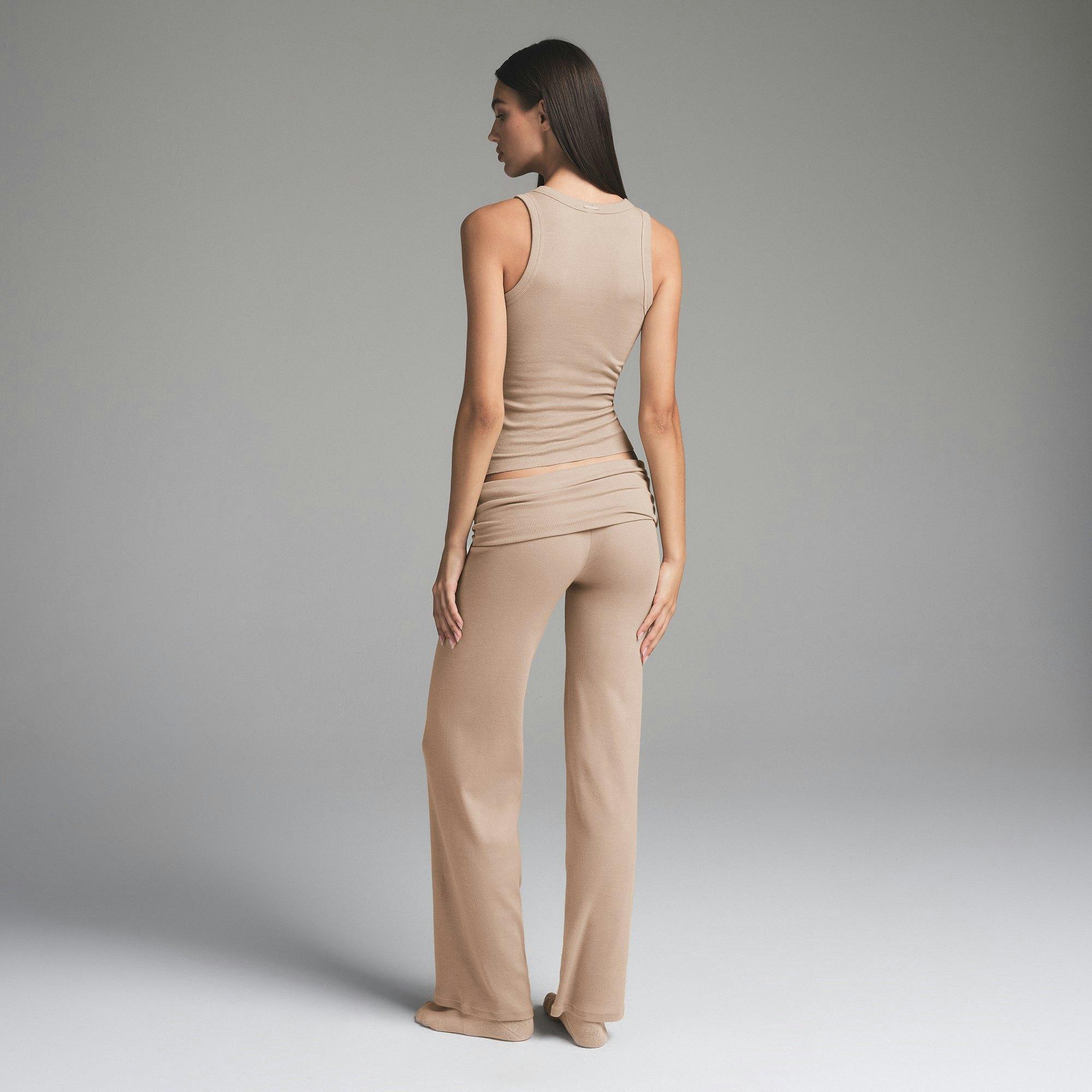 COTTON RIB FOLDOVER STRAIGHT LEG PANT | LATTE Product Image