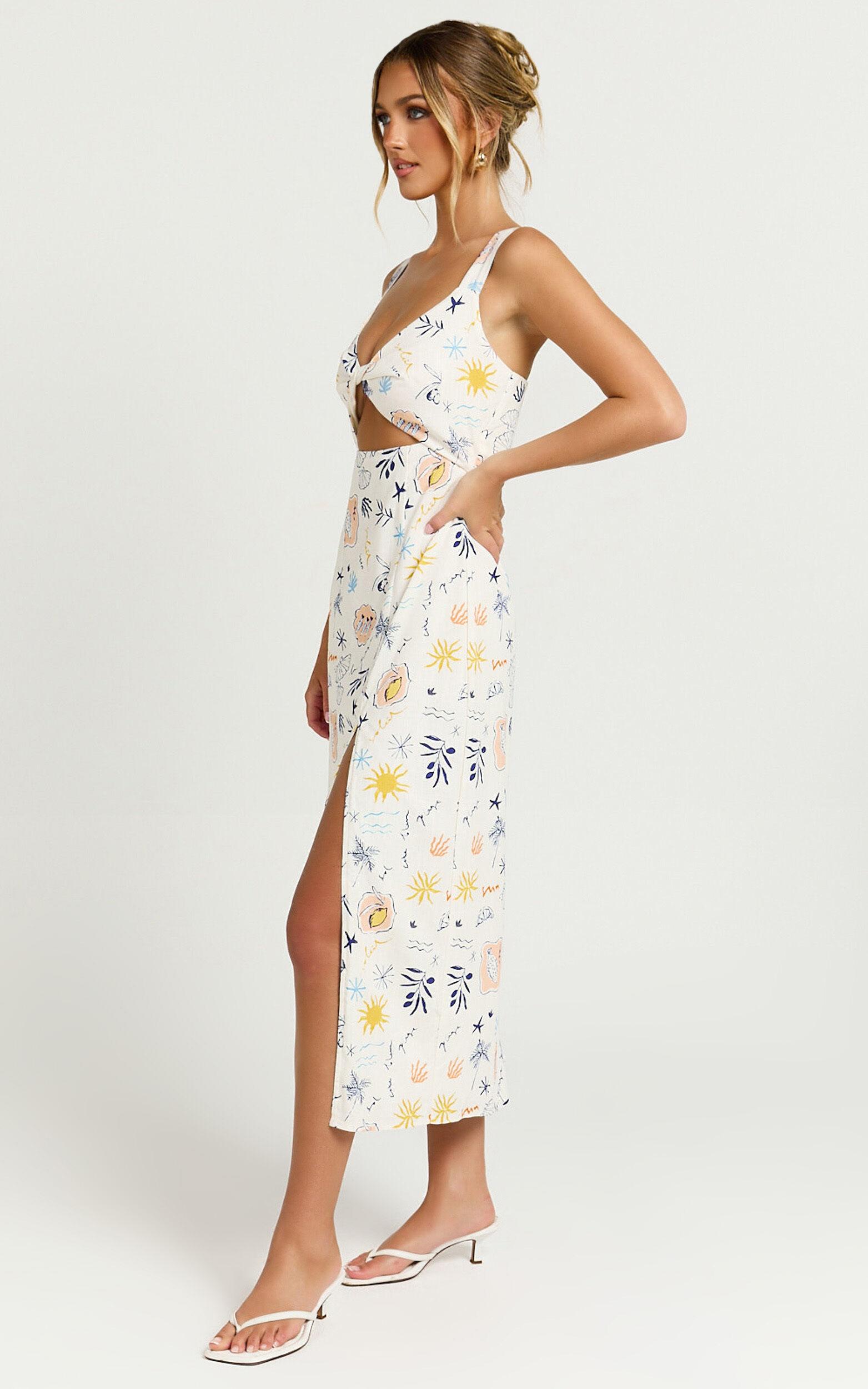 Nicola Midi Linen Blend Dress - Strappy Front Twist Cut Out Column Dress in Soleil Print Product Image