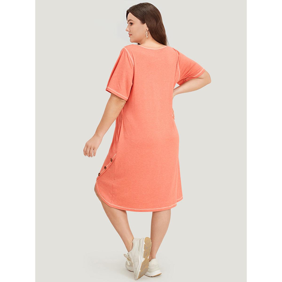Plus Size Supersoft Essentials Stitch Button Detail Overlap Hem Dress Coral Women Casual Wrap Round Neck Short sleeve Curvy Knee Dress BloomChic 10/M Product Image