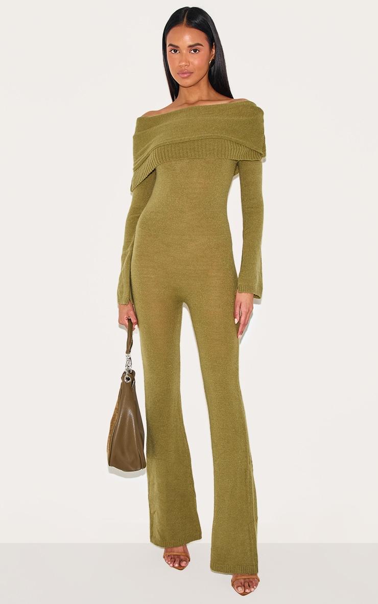 Olive Soft Knit Bardot Foldover Asymmetric Neck Jumpsuit Product Image