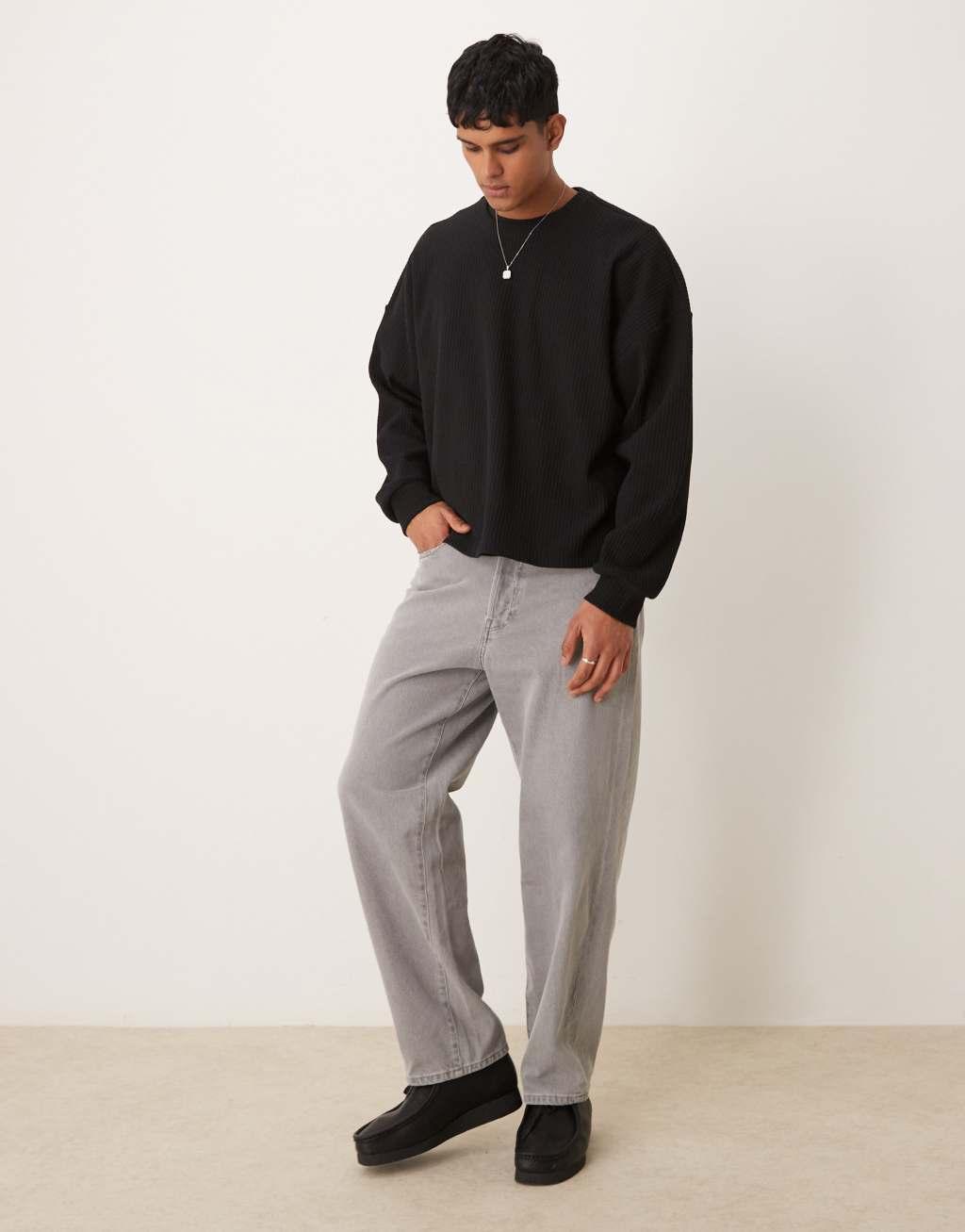 ASOS DESIGN extreme oversized boxy lightweight sweater with rib texture in black Product Image