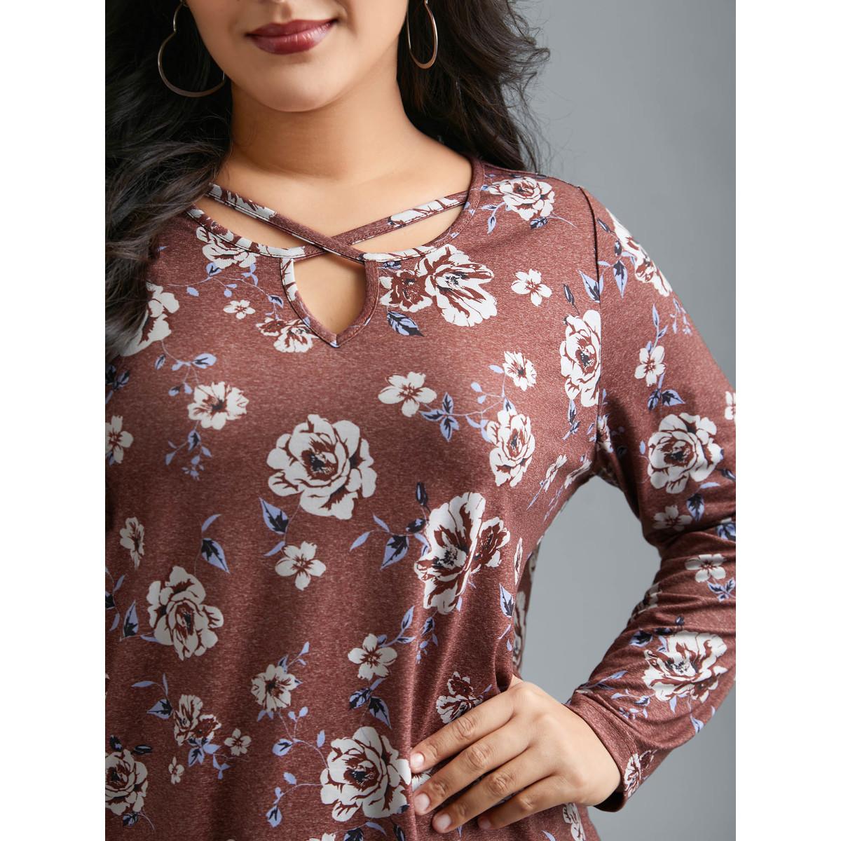 Plus Size Notched Collar Floral Crisscross T-Shirt Scarlet Women Leisure Cut-Out Natural Flowers Notched collar Casual T-shirts BloomChic 18-20/2X Product Image