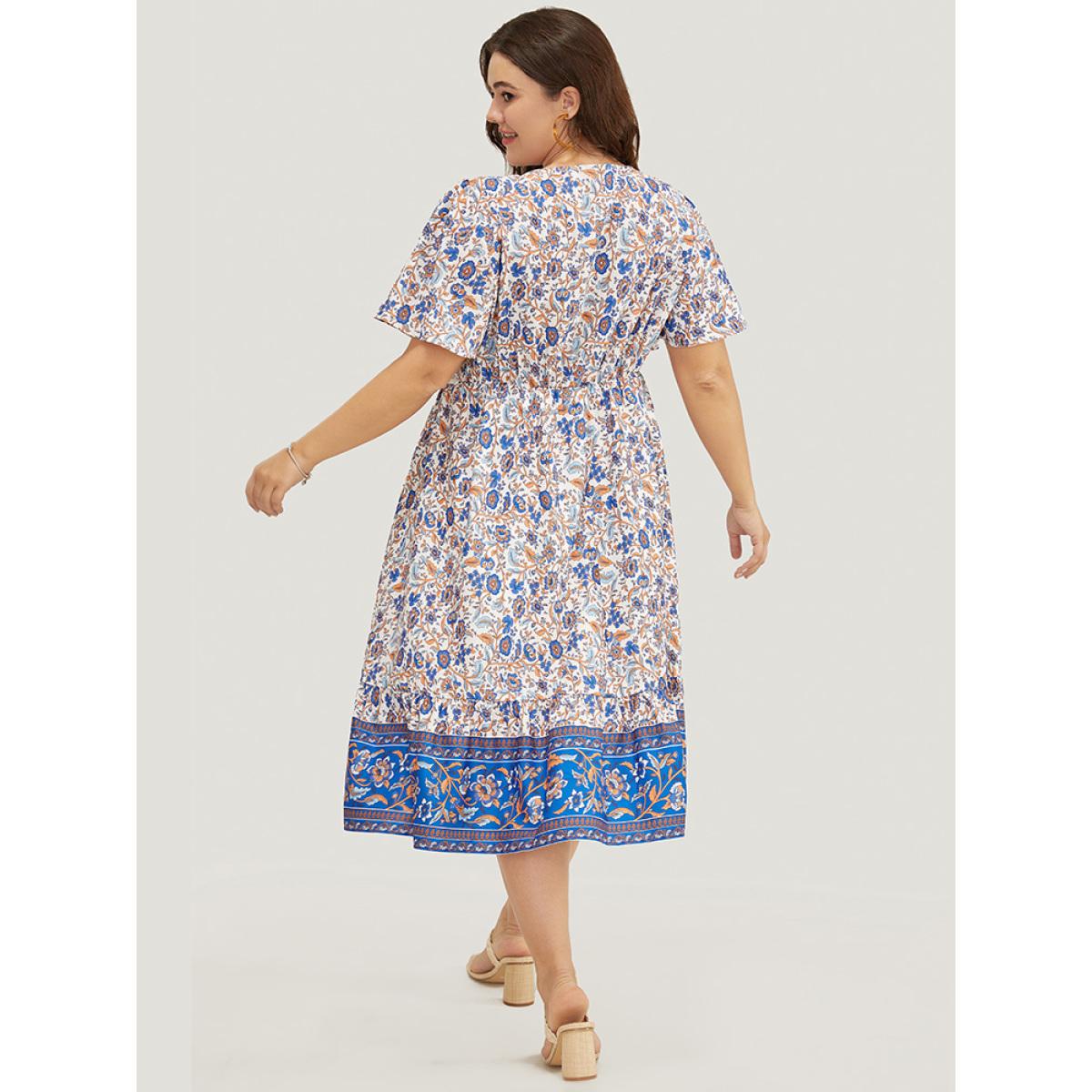Plus Size Bandana Print Pocket Pompom Trim Wrap Split Ruffle Dress Cerulean Women Vacation Printed V-neck Short sleeve Curvy Midi Dress BloomChic 28/5X Product Image